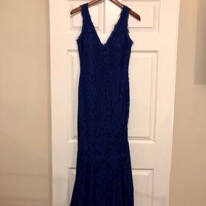 Betsy & Adam navy blue long mermaid lace gown